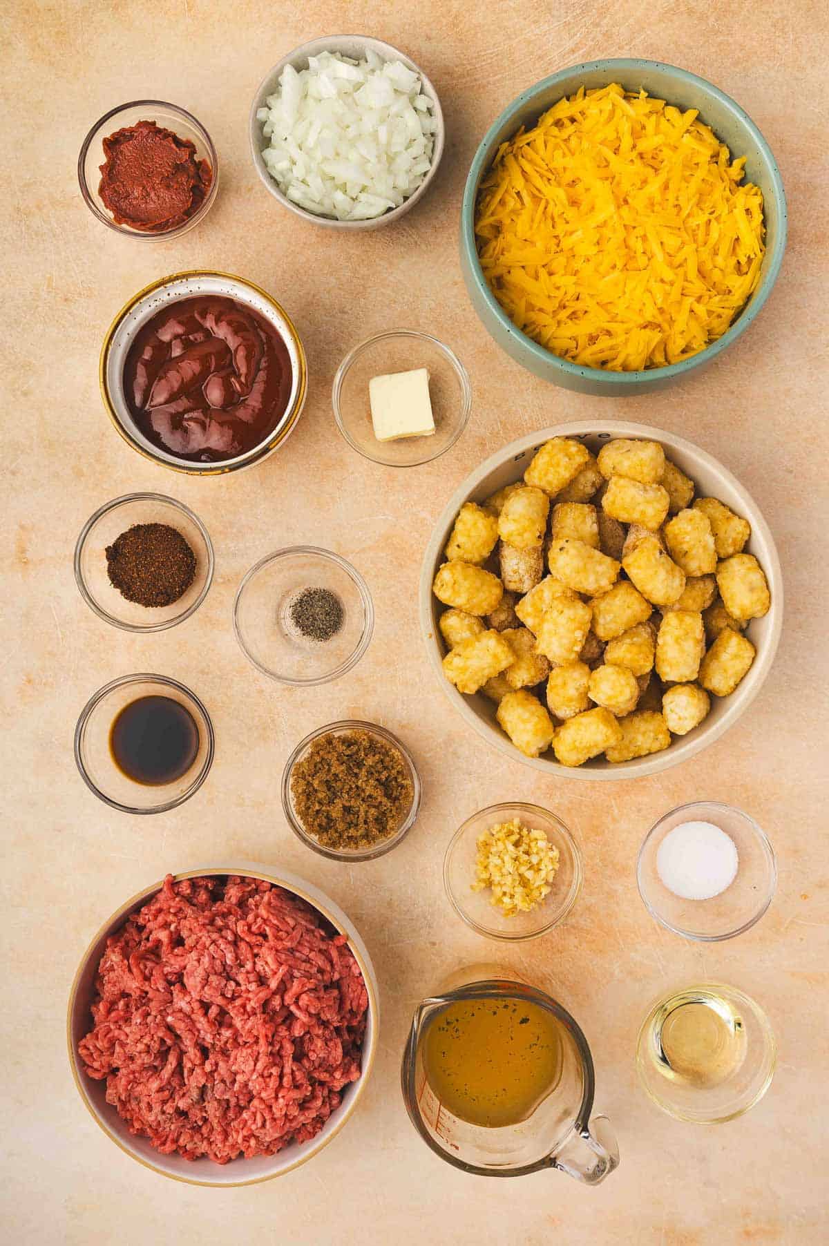 Ingredients needed to make a one pot sloppy joe tater tot casserole.