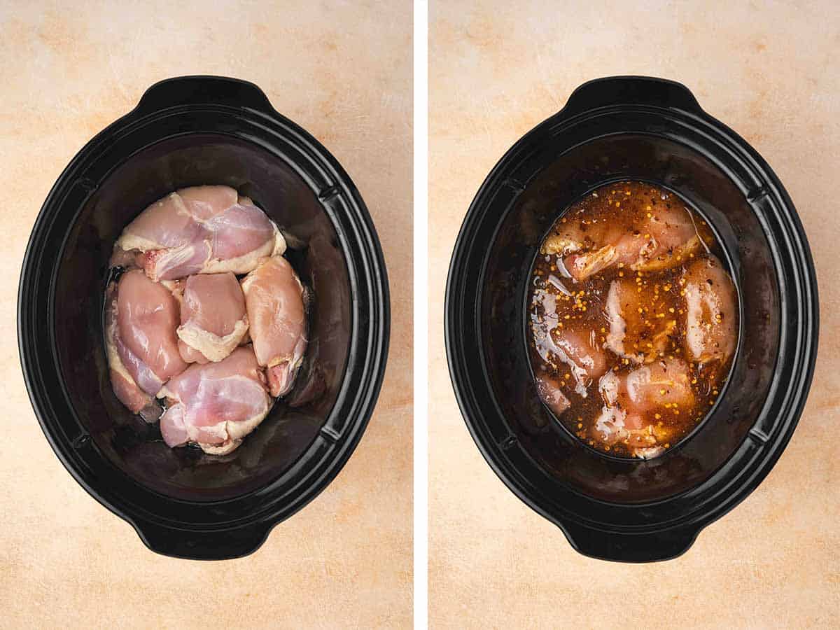 Set of two photos showing boneless, skinless chicken thighs added to a crockpot and the hot honey mixture poured on top.