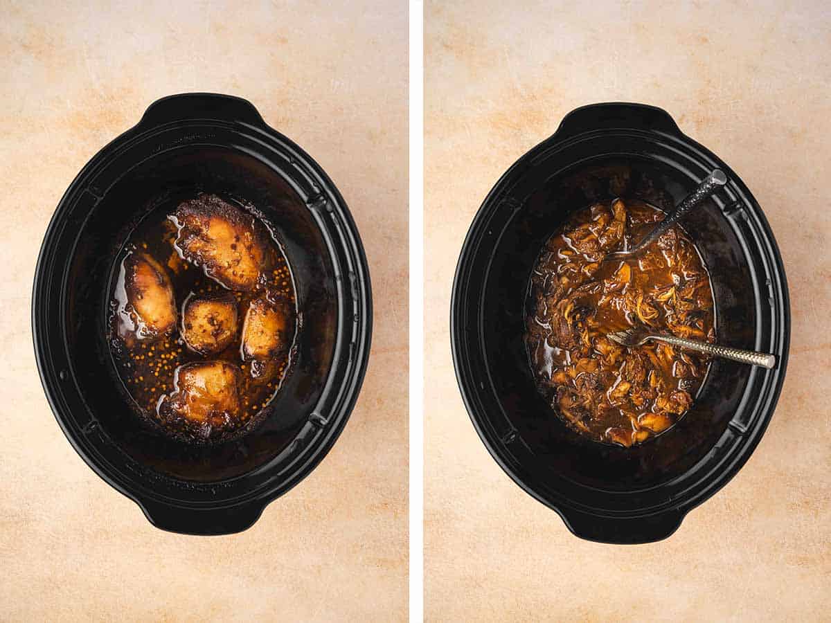 Set of two photos showing cooked chicken thighs in the slow cooker with hot honey sauce and then shredded with two forks.