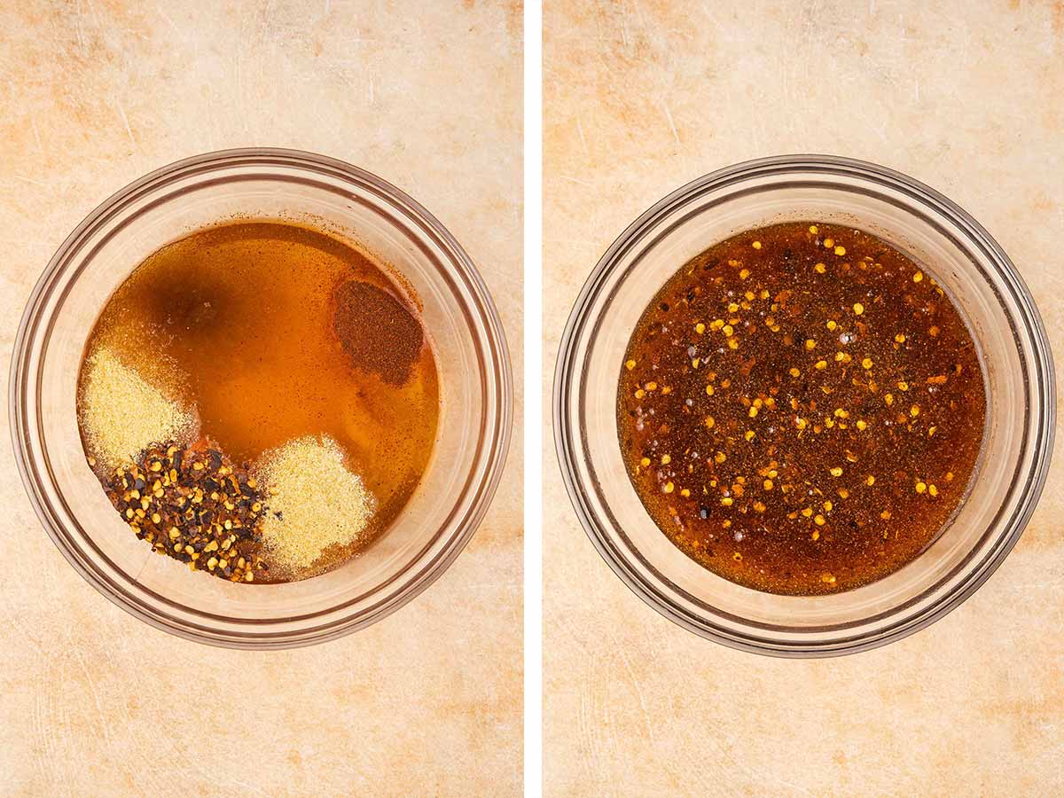 Set of two photos showing hot honey mixture combined in a bowl.