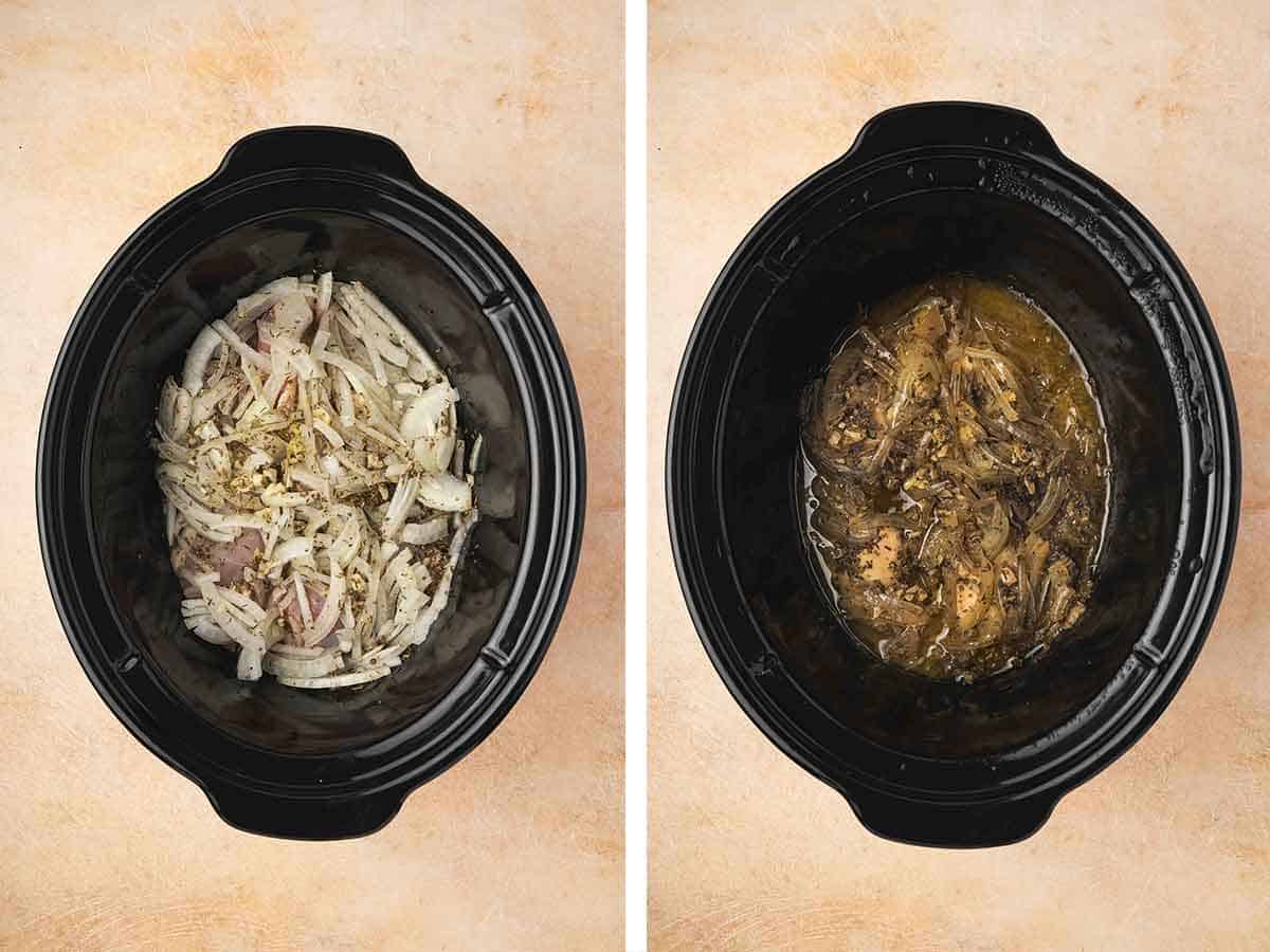 Set of two photos showing everything mixed together in a slow cooker then cooked.