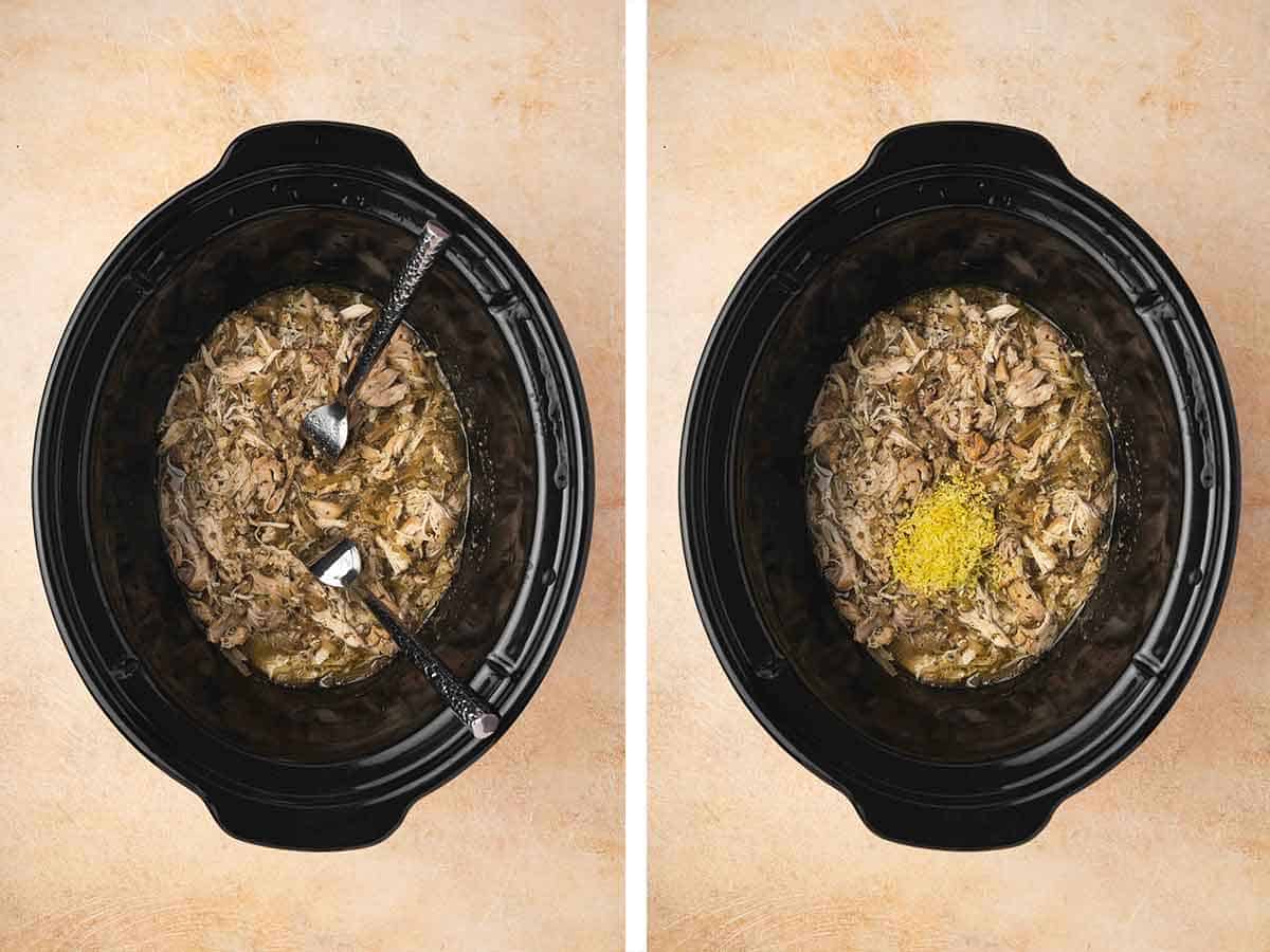 Set of two photos showing chicken shredded and lemon zest and juice added.