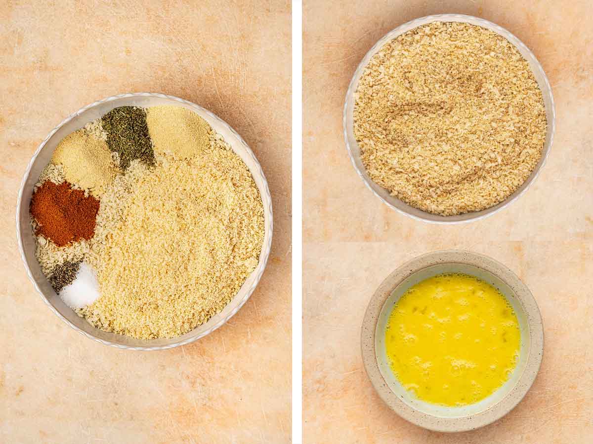 Set of three photos showing panko breadcrumbs prepared and egg wash prepared.