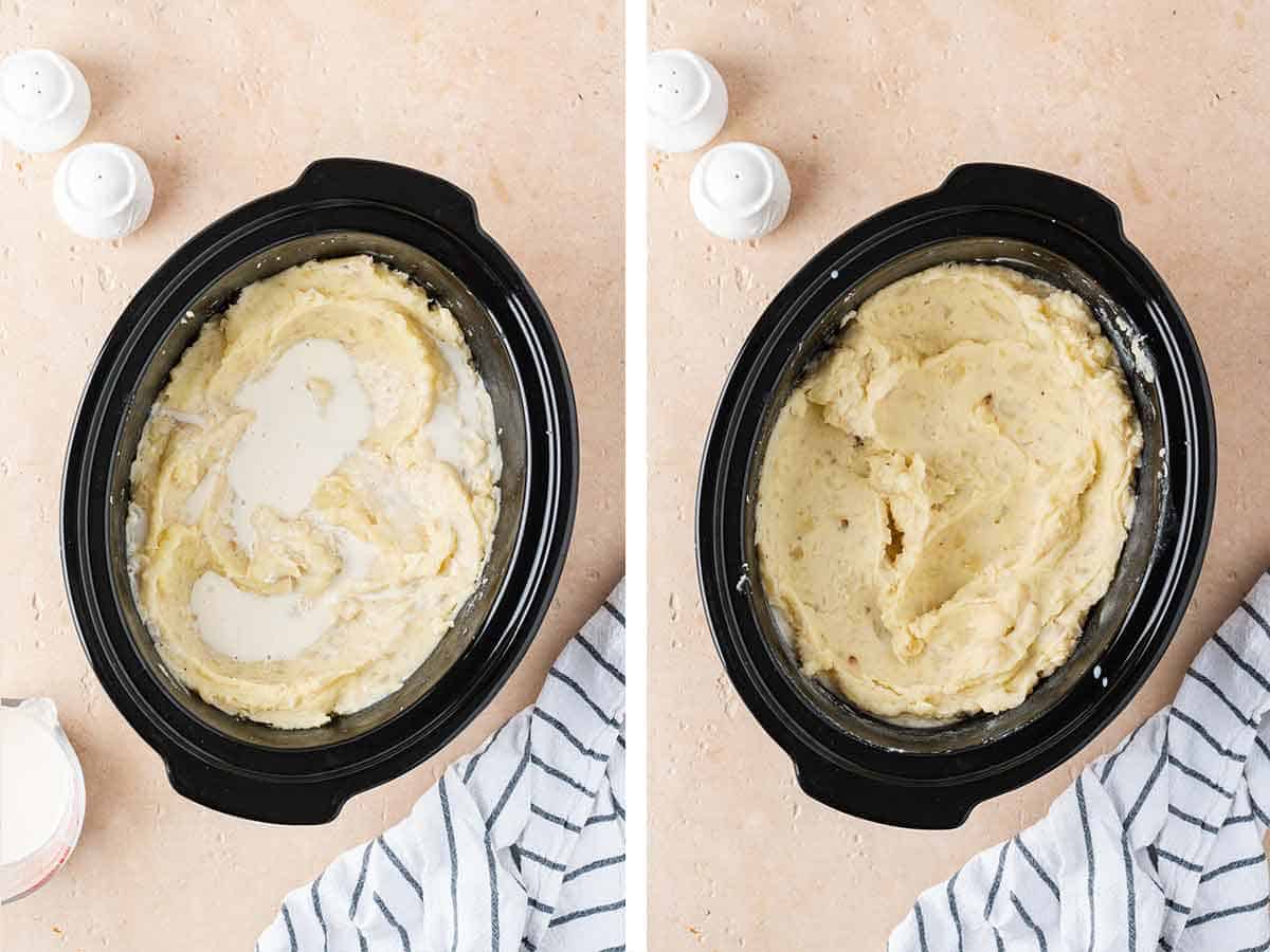 Set of two photos showing milk added to mashed potatoes in the crockpot and combined.