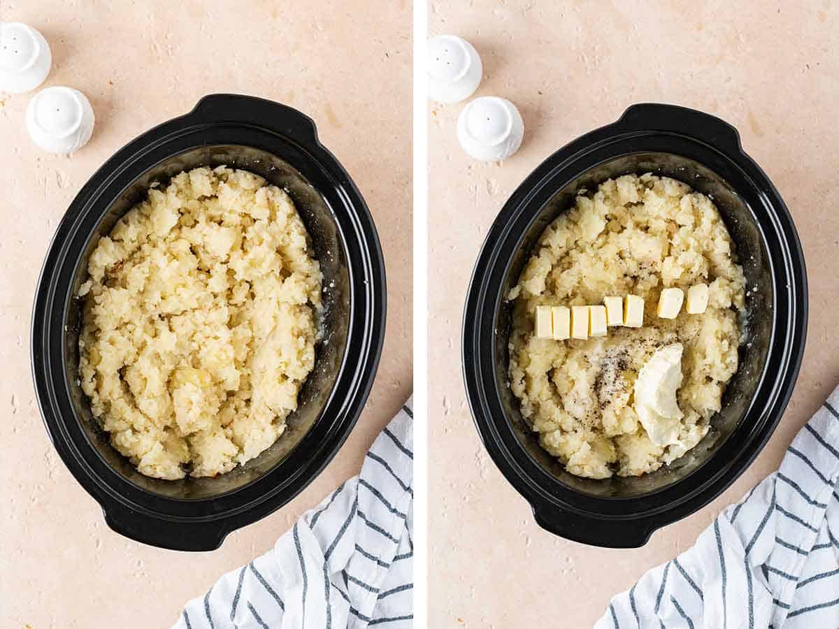 Set of two photos showing potatoes mashed and butter, sour cream, and seasoning added.