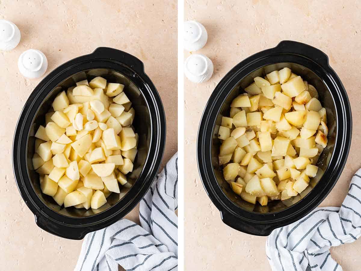 Set of two photos showing potatoes in the slow cooker before and after cooking.